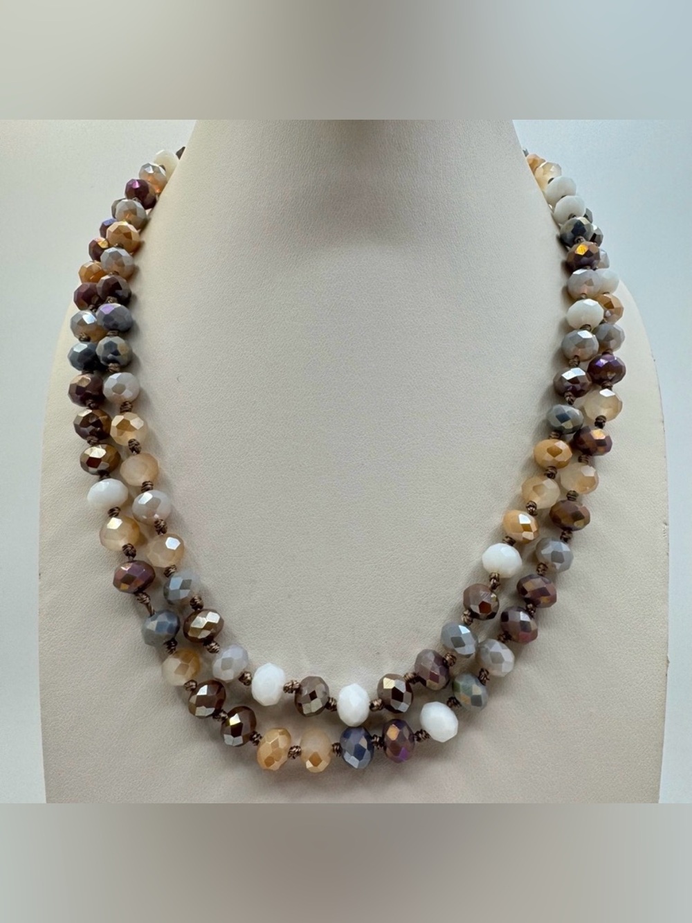 Faceted Glass Bead Necklace Neutral Tones Hand Knotted